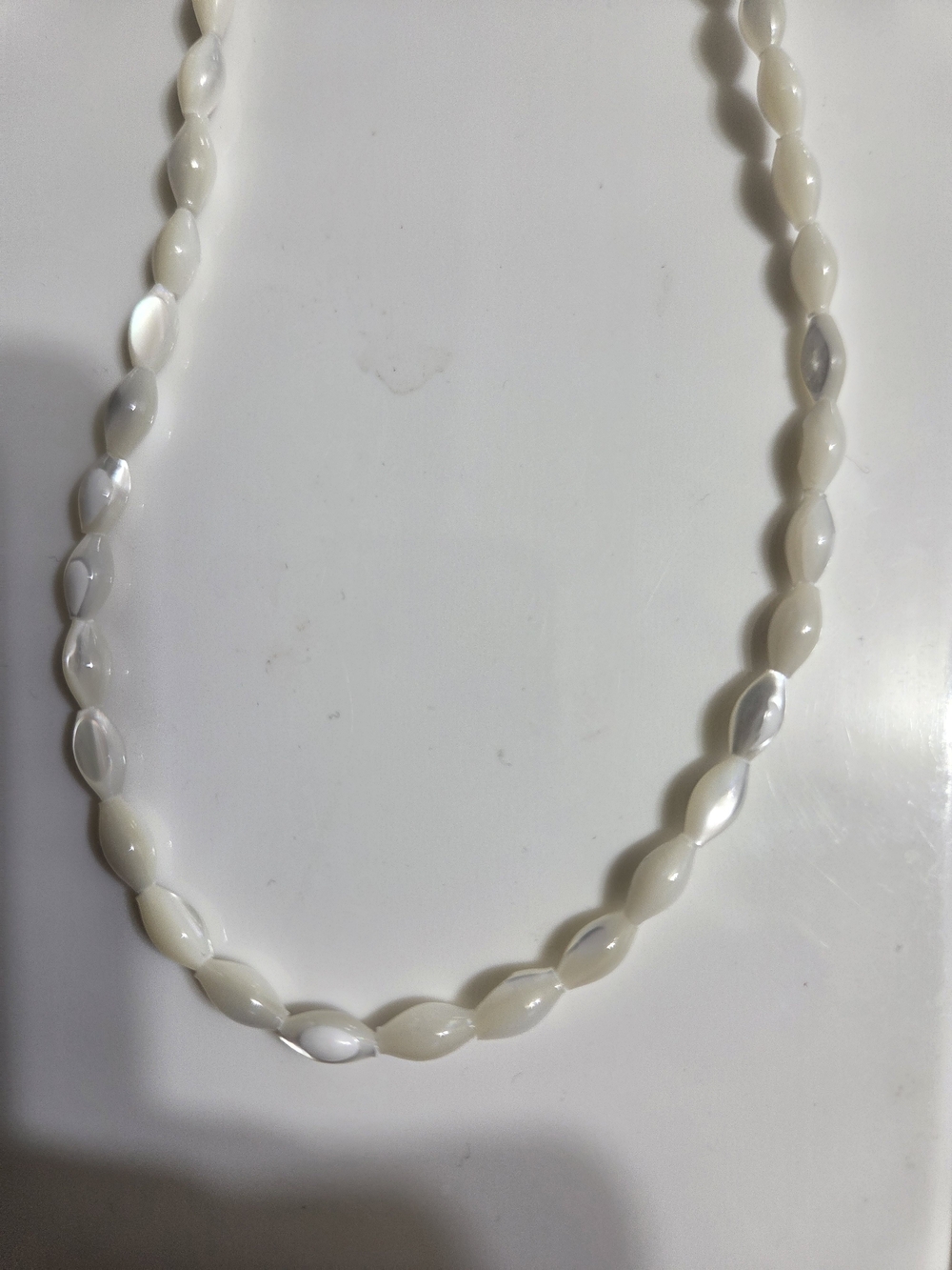 Vintage Carved Mother-of-Pearl Rice Bead Necklace with Barrel Clasp